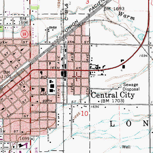 Topographic Map of Central City Baptist Church, NE