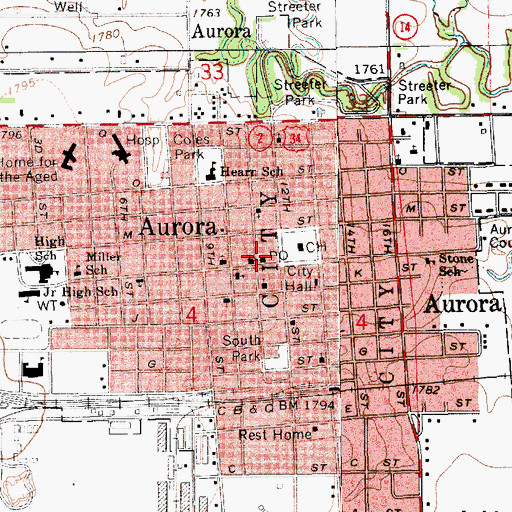 Topographic Map of Aurora Post Office, NE