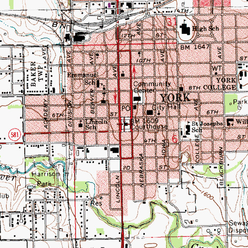 Topographic Map of York County Courthouse, NE