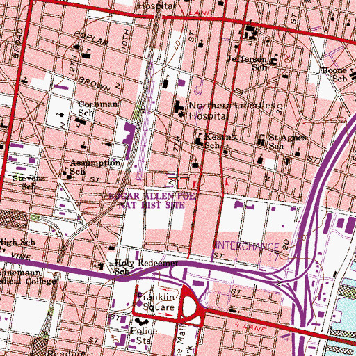 Topographic Map of Edgar Allan Poe National Historic Site, PA