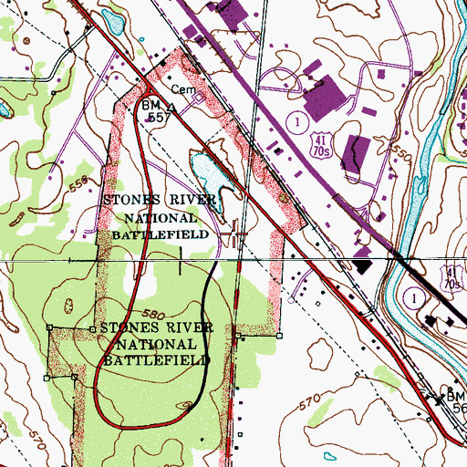 Topographic Map of Stones River National Battlefield, TN