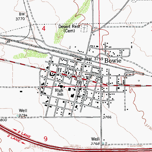 Topographic Map of Bowie, AZ