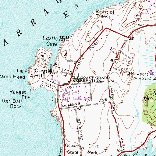Topographic Map of Castle Hill Coast Guard Station, RI