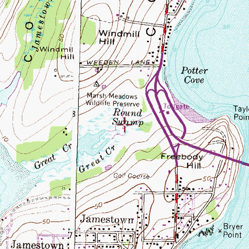 Topographic Map of Marsh Meadows Wildlife Preserve, RI
