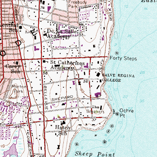 Topographic Map of Ochre Point-Cliffs Historic District, RI