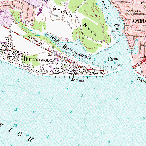 Topographic Map of Buttonwoods Beach Historic District, RI