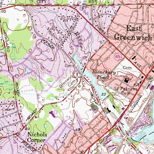 Topographic Map of Glenwood Cemetery, RI