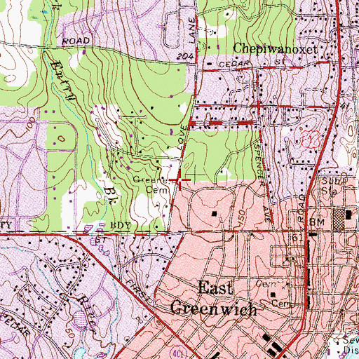 Topographic Map of Governor Green Lot Cemetery, RI