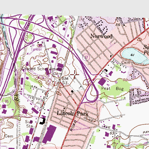 Topographic Map of Lincoln Park Cemetery, RI