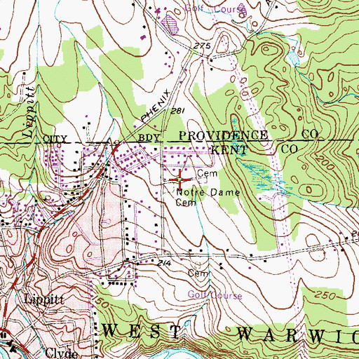 Topographic Map of Notre Dame Cemetery, RI