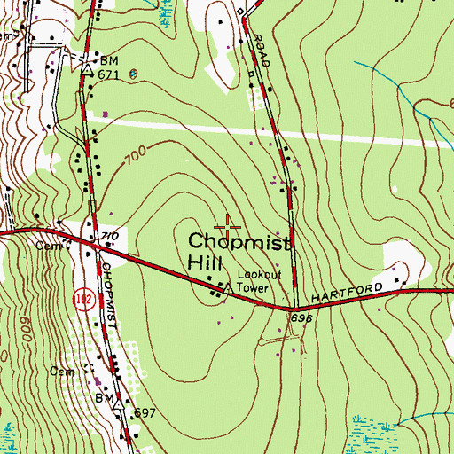 Topographic Map of Chopmist Fire Lookout Station, RI