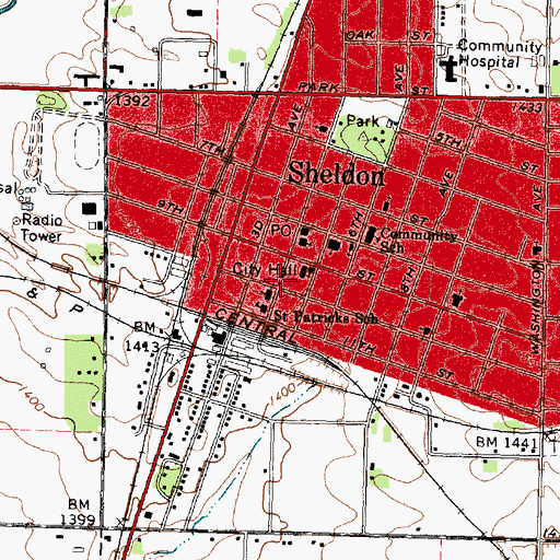 Topographic Map of Sheldon Public Library, IA