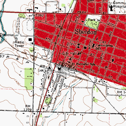 Topographic Map of Sheldon Post Office, IA