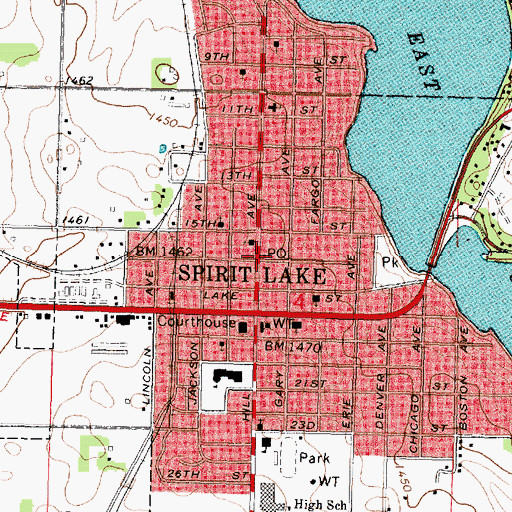 Topographic Map of Spirit Lake Post Office, IA