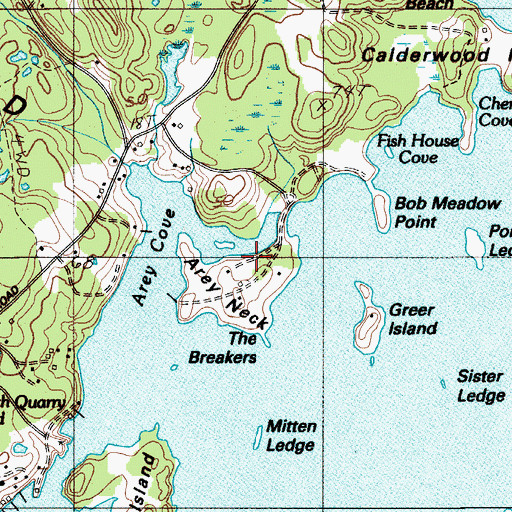 Topographic Map of Areys Neck Woods, ME