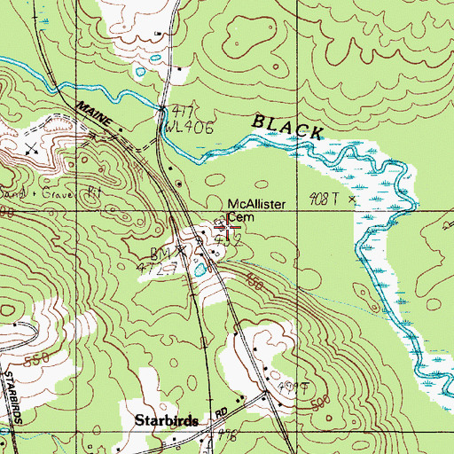 Topographic Map of McAllister Cemetery, ME