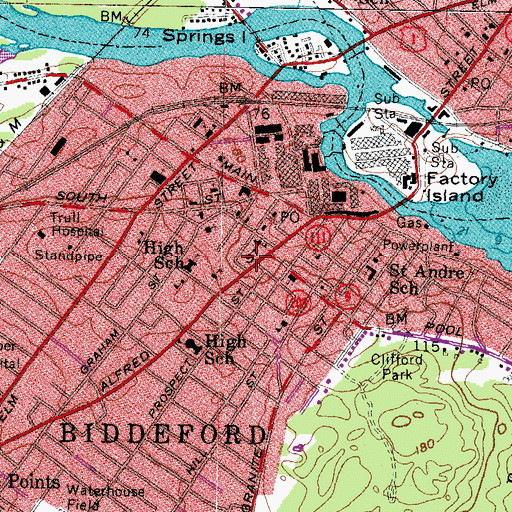 Topographic Map of Biddeford Post Office, ME