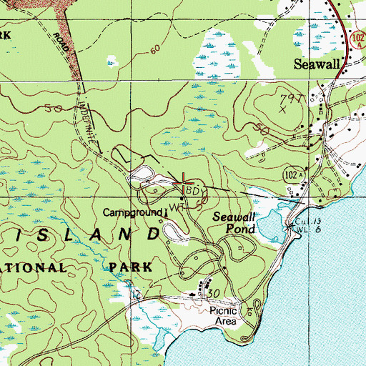 Topographic Map of Seawall Campground, ME