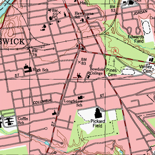 Topographic Map of Bowdoin College Hawthorne Longfellow Library, ME