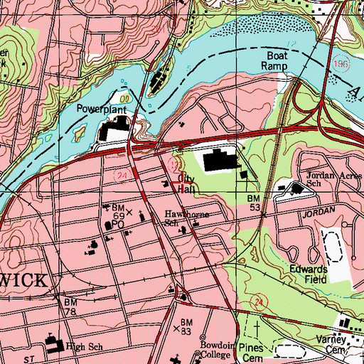 Topographic Map of Brunswick Town Offices, ME
