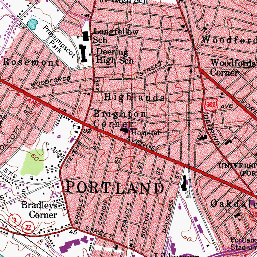 Topographic Map of New England Rehabilitation Hospital of Portland, ME