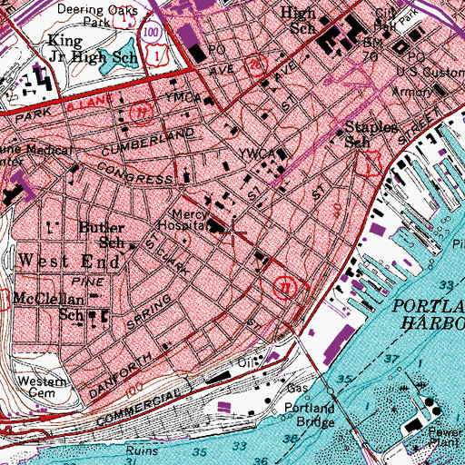 Topographic Map of Spring Street Historic District, ME