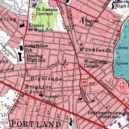 Topographic Map of Woodfords Congregational Church, ME