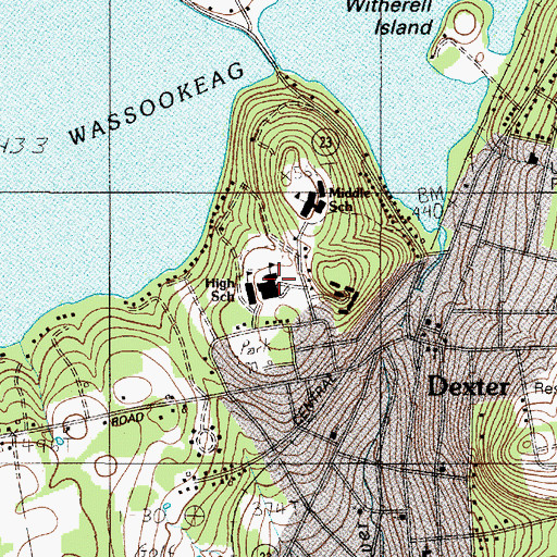 Topographic Map of Dexter Regional High School, ME