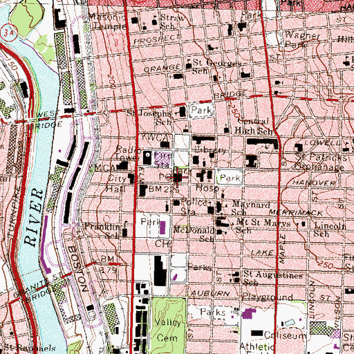 Topographic Map of Hanover Street Station Manchester Post Office, NH