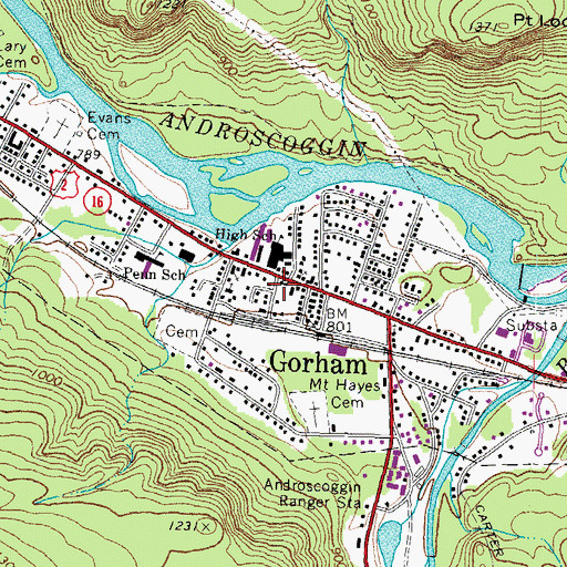 Topographic Map of Gorham Town Hall, NH