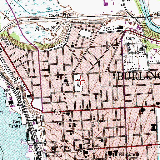 Topographic Map of Elmwood Avenue Cemetery, VT
