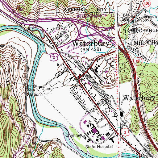 Topographic Map of Waterbury Village Historic District, VT