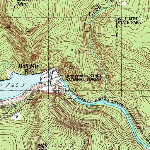 Topographic Map of Ball Mountain Dam Recreation Area, VT
