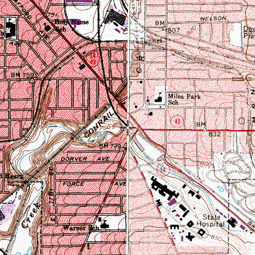 Topographic Map of Mill Creek Falls, OH