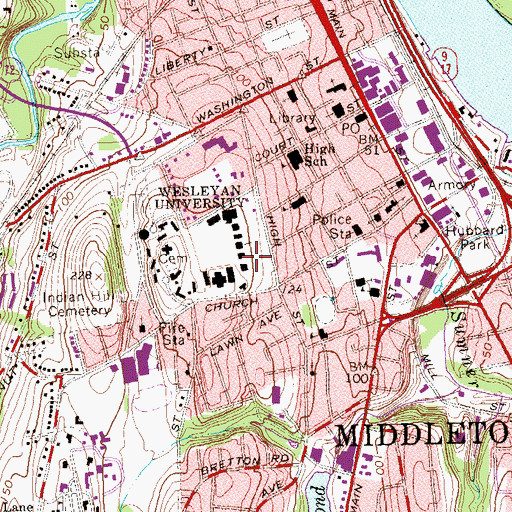 Topographic Map of Olin Memorial Library, CT