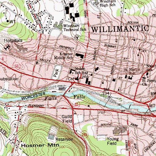 Topographic Map of Williamantic Town Hall, CT