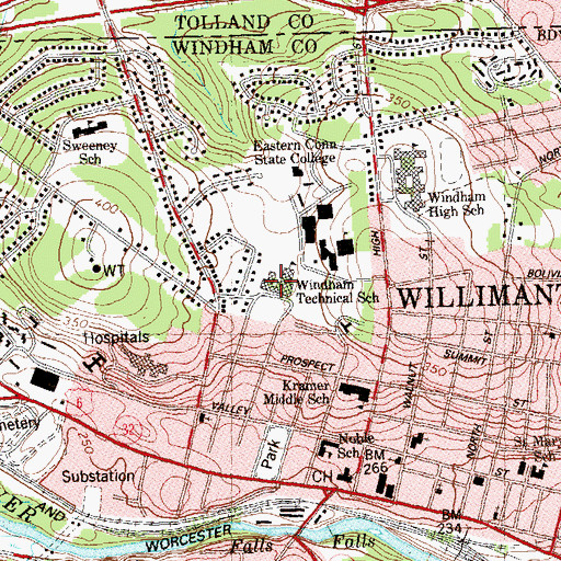 Topographic Map of Windham Technical School, CT