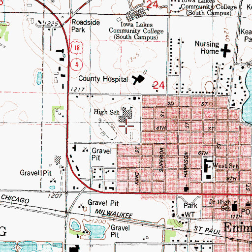 Topographic Map of Emmetsburg Middle School, IA