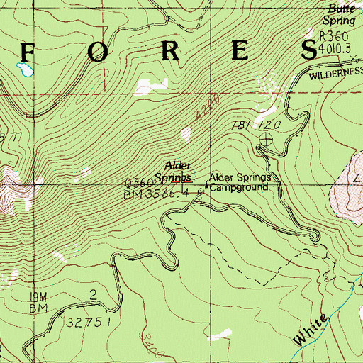 Topographic Map of Alder Springs Recreation Site, OR