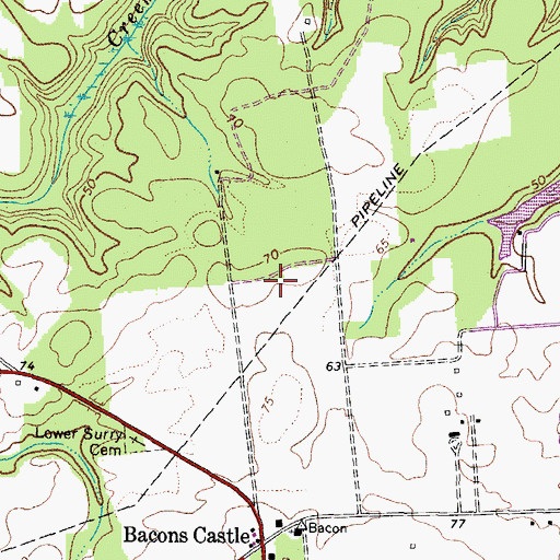 Topographic Map of Bacons Castle District, VA