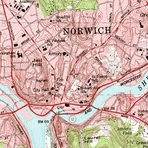 Topographic Map of Assembly of God Church of Norwich, CT