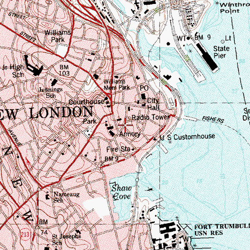 Topographic Map of Downtown New London Historic District, CT