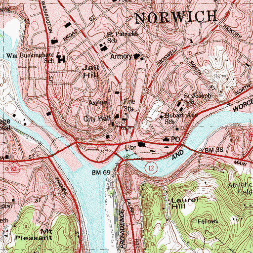 Topographic Map of Downtown Norwich Historic District, CT