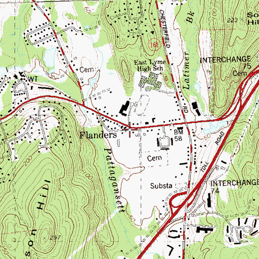 Topographic Map of Flanders Baptist Church, CT