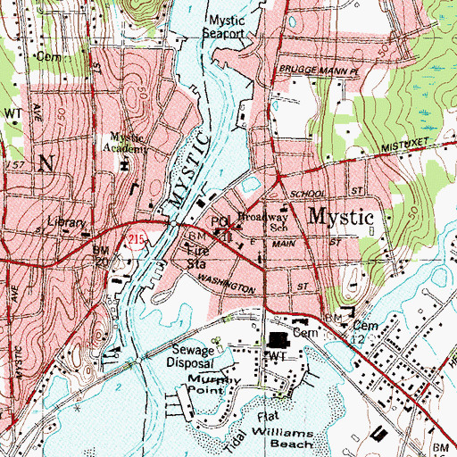 Topographic Map of Mystic Post Office, CT