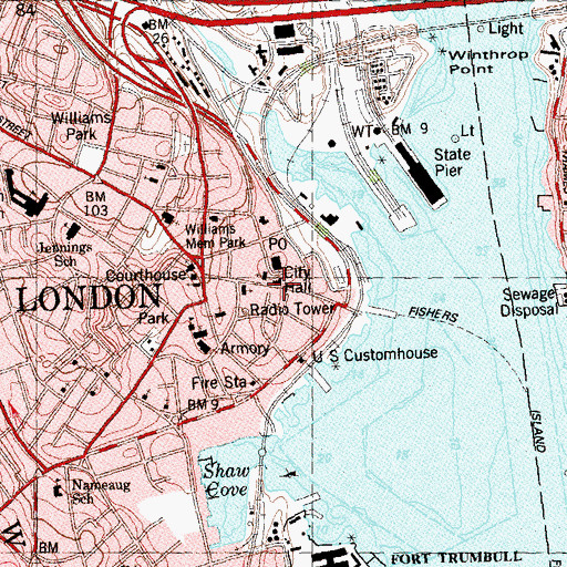 Topographic Map of New London City Hall, CT