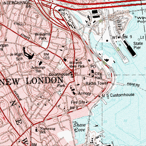 Topographic Map of New London County Courthouse, CT