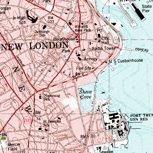 Topographic Map of New London County Historical Society Library, CT