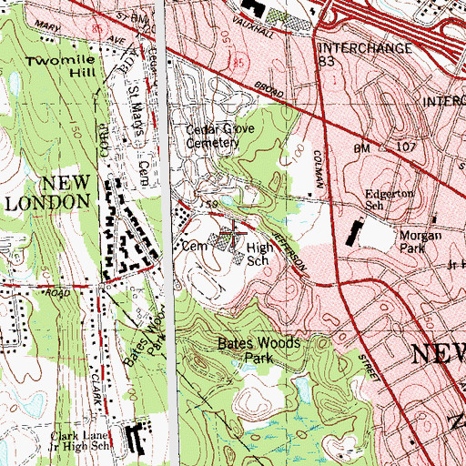 Topographic Map of New London High School, CT