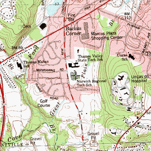 Topographic Map of Norwich Regional Technical School, CT